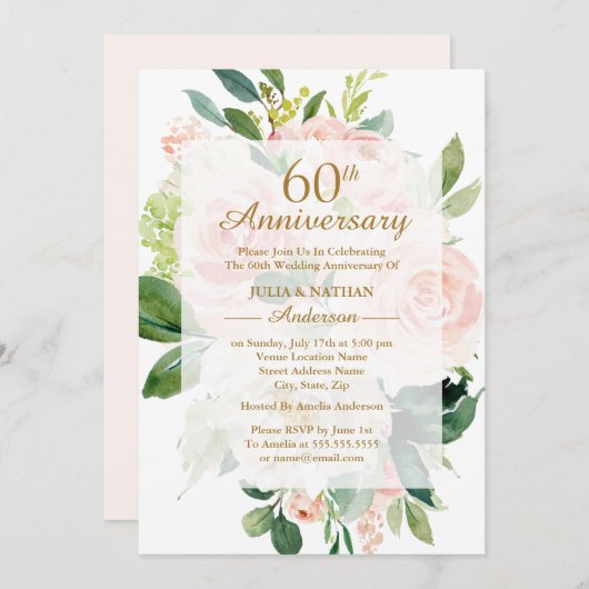 Invitation Fleurs élégantes de pêcher rose pour les 60 ans de (Devant / Derrière)