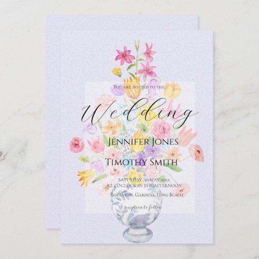 Invitation fleurs élégantes en bleu pot violet (Devant / Derrière)