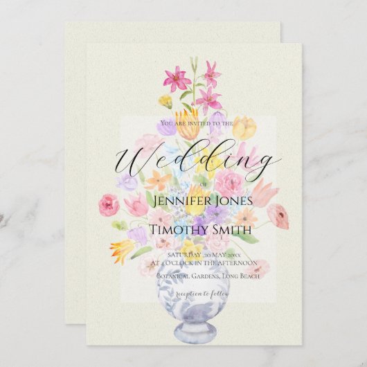 Invitation fleurs élégantes en pot bleu (Devant / Derrière)