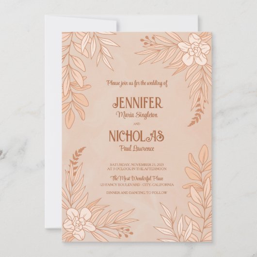 Invitation Fleurs élégantes et ornements Feuille pour Mariage (Devant)
