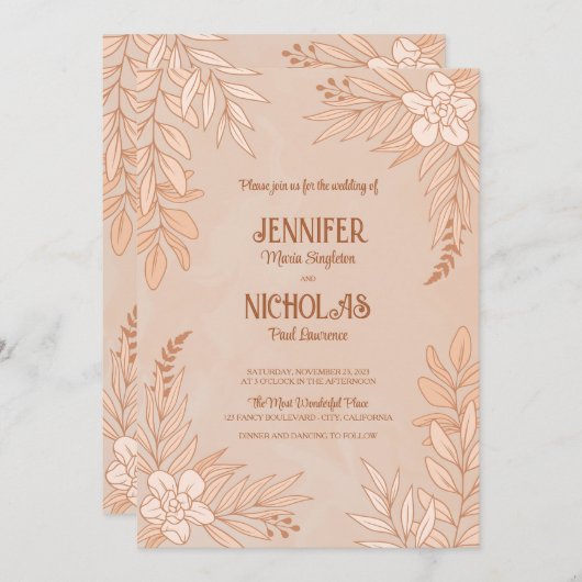 Invitation Fleurs élégantes et ornements Feuille pour Mariage (Devant / Derrière)
