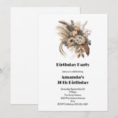 Invitation Fleurs Élégantes Feuillage et plumes Anniversaire (Devant / Derrière)