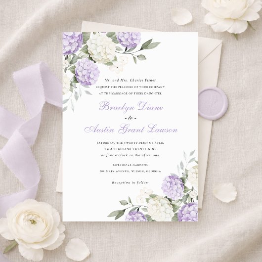 Invitation Fleurs Élégantes Hydrangea Violet Verdure Mariage