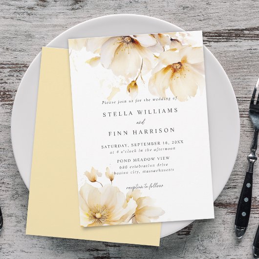 Invitation Fleurs Élégantes Mariage Blanc Jaune Or