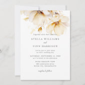 Invitation Fleurs Élégantes Mariage Code QR Blanc Jaune Or (Devant)