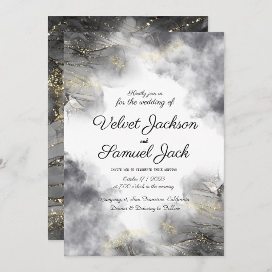 Invitation Fleurs élégantes - Mariage de frontière Fleur Noir (Devant / Derrière)