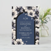 Invitation Fleurs élégantes Mariage floral bleu marine (Debout devant)