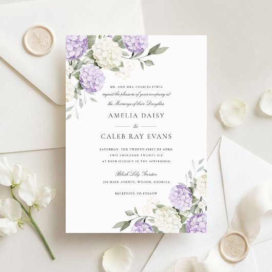 Invitation Fleurs Élégantes Mariage Hydrangea Violet Verdure 