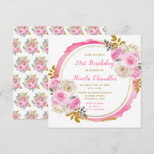 Invitation Fleurs élégantes or rose vif Anniversaire