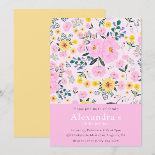 Invitation Fleurs élégantes Rose 76e anniversaire (Devant / Derrière)