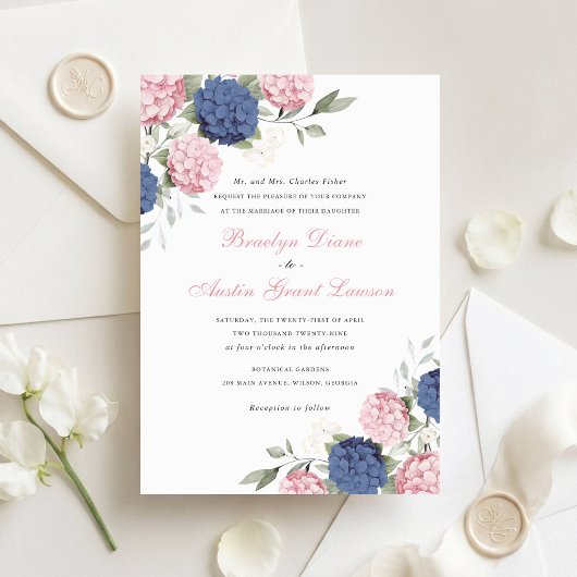 Invitation Fleurs Élégantes Rose & Bleu Nuit Hydrangea Mariag