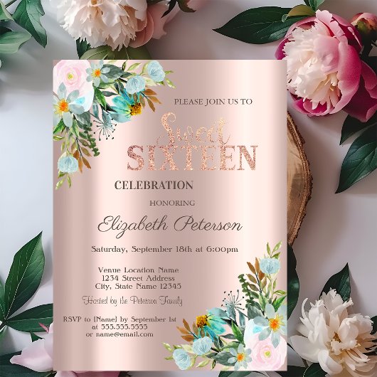 Invitation Fleurs Élégantes Rose Doré Douce 16
