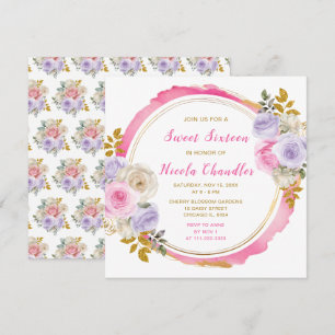 Invitation Fleurs élégantes rose et violet Sweet sixteen