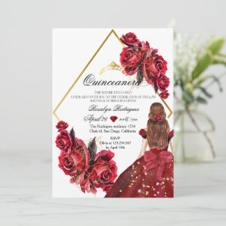 Invitation Fleurs élégantes Rose or Quinveanera