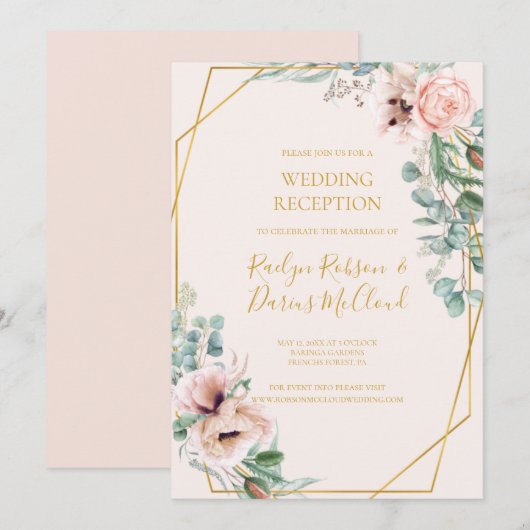 Invitation Fleurs Élégantes Rose | Réception de Mariage Paste (Devant / Derrière)
