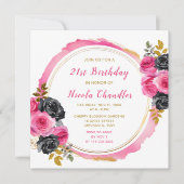 Invitation Fleurs élégantes roses et or chaud Anniversaire (Devant)