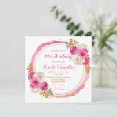 Invitation Fleurs élégantes roses et or chaud Anniversaire (Debout devant)