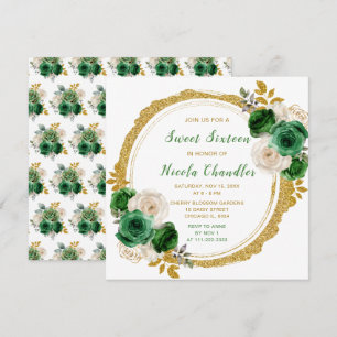 Invitation Fleurs élégantes Sweet sixteen vert foncé et or