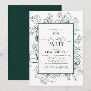 Invitation Fleurs élégantes vert émeraude pour 50e anniversai