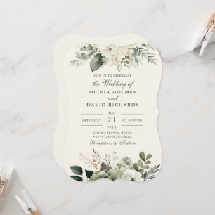 Invitation Fleurs élégantes vert sauge et ivoire Mariage cour