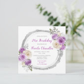 Invitation Fleurs élégantes violettes et argentées fête d'ann (Debout devant)
