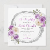 Invitation Fleurs élégantes violettes et argentées fête d'ann (Devant)