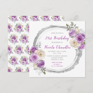 Invitation Fleurs élégantes violettes et argentées fête d'ann
