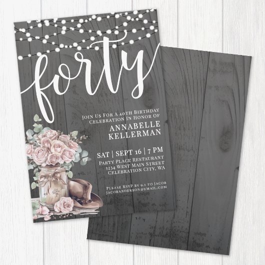 Invitation Fleurs en Bois Rustique 40e Anniversaire