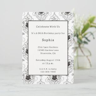 Invitation Fleurs en dentelle fausse noir blanc pour annivers