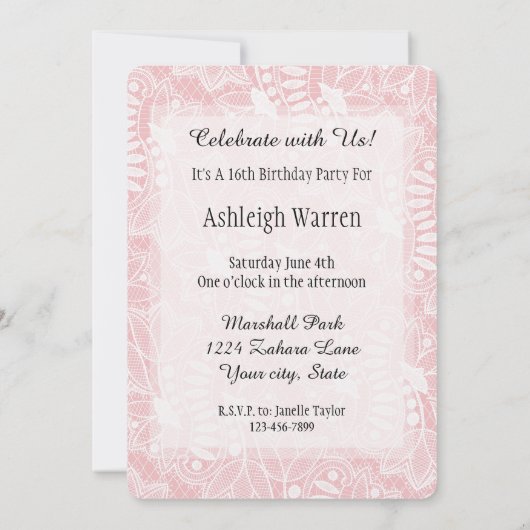 Invitation Fleurs en dentelle rose 16e anniversaire (Dos)