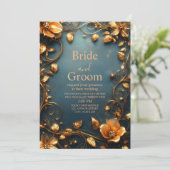 Invitation Fleurs en Or Luxueux sur Fond de Teal Élégant (Debout devant)