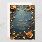 Invitation Fleurs en Or Luxueux sur Fond de Teal Élégant (Devant / Derrière)