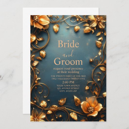 Invitation Fleurs en Or Luxueux sur Fond de Teal Élégant (Devant / Derrière)