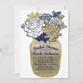 Invitation Fleurs en pot Mason Rustique Bleu Or Floral Mariag (Devant)