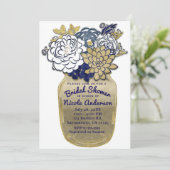 Invitation Fleurs en pot Mason Rustique Bleu Or Floral Mariag (Debout devant)