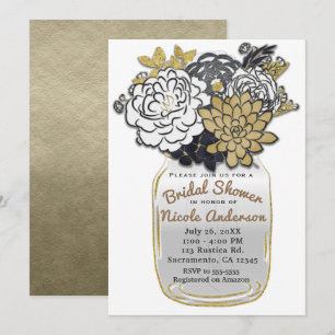 Invitation Fleurs en pot Mason Rustique Gris Or Floral Chic