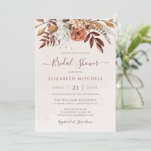 Invitation Fleurs en terre cuite Boho Automne Fête des mariée (Debout devant)