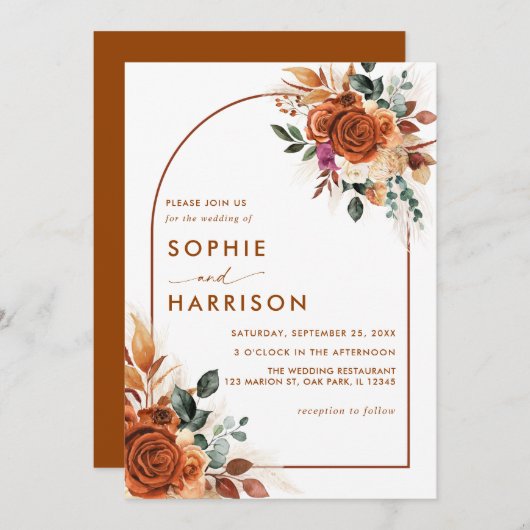 Invitation Fleurs en terre cuite et Mariage de rouille en lai (Devant / Derrière)