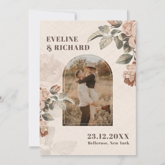 Invitation Fleurs en terre cuite moderne arche feuilles verts (Devant)