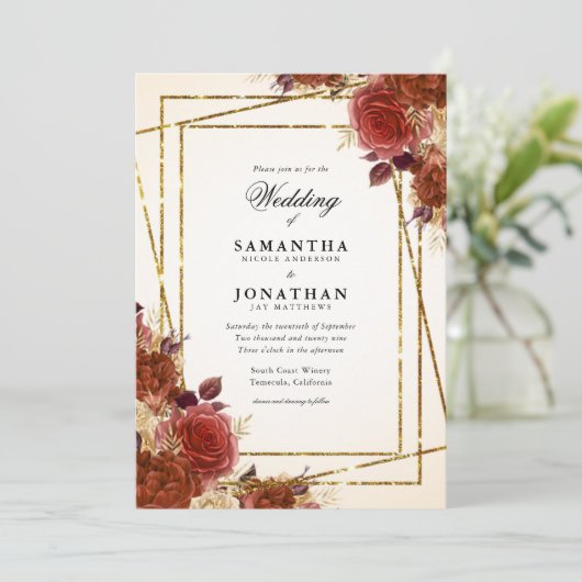 Invitation Fleurs en terre cuite Parties scintillant d'or Mar (Debout devant)