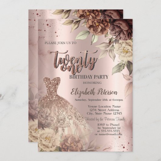 Invitation Fleurs en terre cuite Robe Vin Verre 21e anniversa (Devant / Derrière)