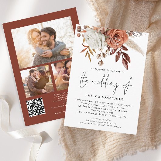 Invitation Fleurs en terre cuite rustique 3 Photos Code QR Ma
