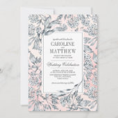 Invitation Fleurs esquissées Aquarelle Bleu Mariage rose (Devant)