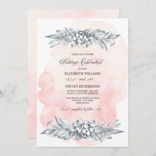Invitation Fleurs esquissées Aquarelle Bleu Mariage rose (Devant / Derrière)