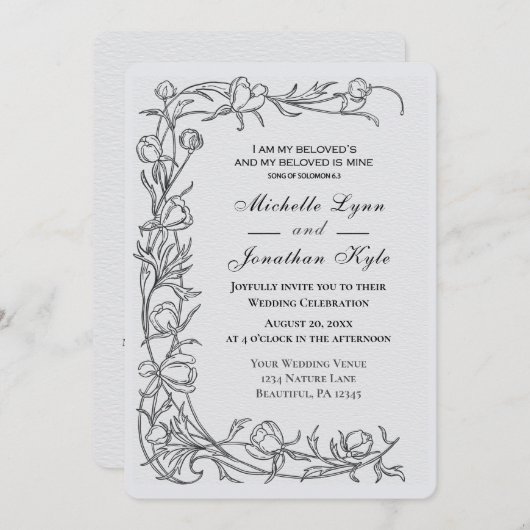 Invitation Fleurs esquissées tout en un Mariage chrétien (Devant / Derrière)