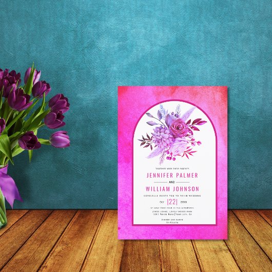 Invitation Fleurs et arche magenta mariage rose