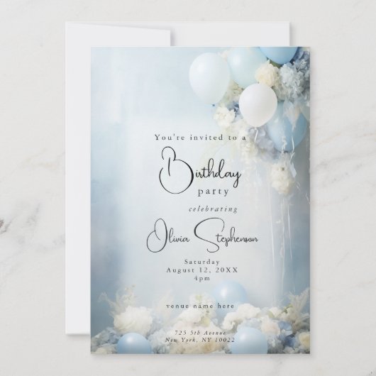 Invitation Fleurs et ballons bleu poussiéreux QR Anniversaire (Devant)