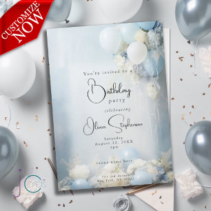Invitation Fleurs et ballons bleu poussiéreux QR Anniversaire