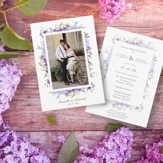 Invitation Fleurs et branches de couleur violet mariage Photo