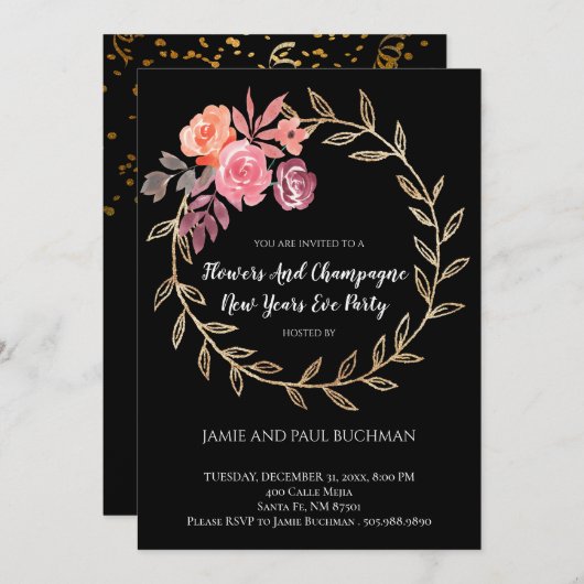 Invitation Fleurs Et Champagne Nouvel An Soirée (Devant / Derrière)